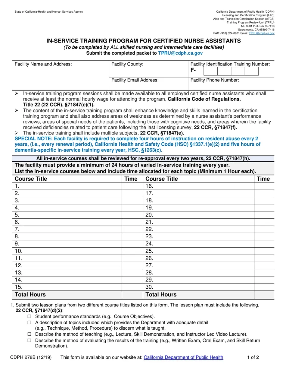 Form Cdph278b In Service Training Program For Certified Nurse Assistants California Form Cdph278b In Service Training Program For Certified Nurse Assistants California