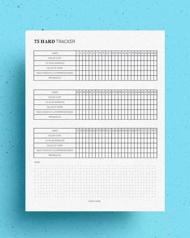 75 hard challenge tracker free printable