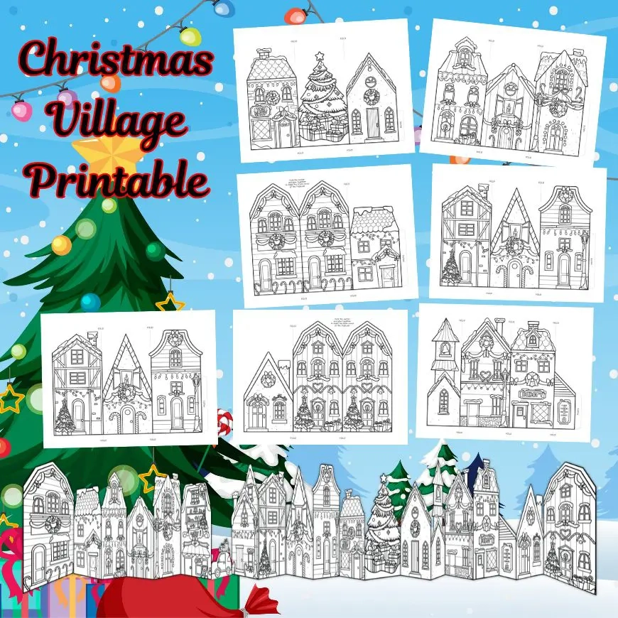 Free Christmas Village Houses Printable 7 Pages To Colour Fold Build