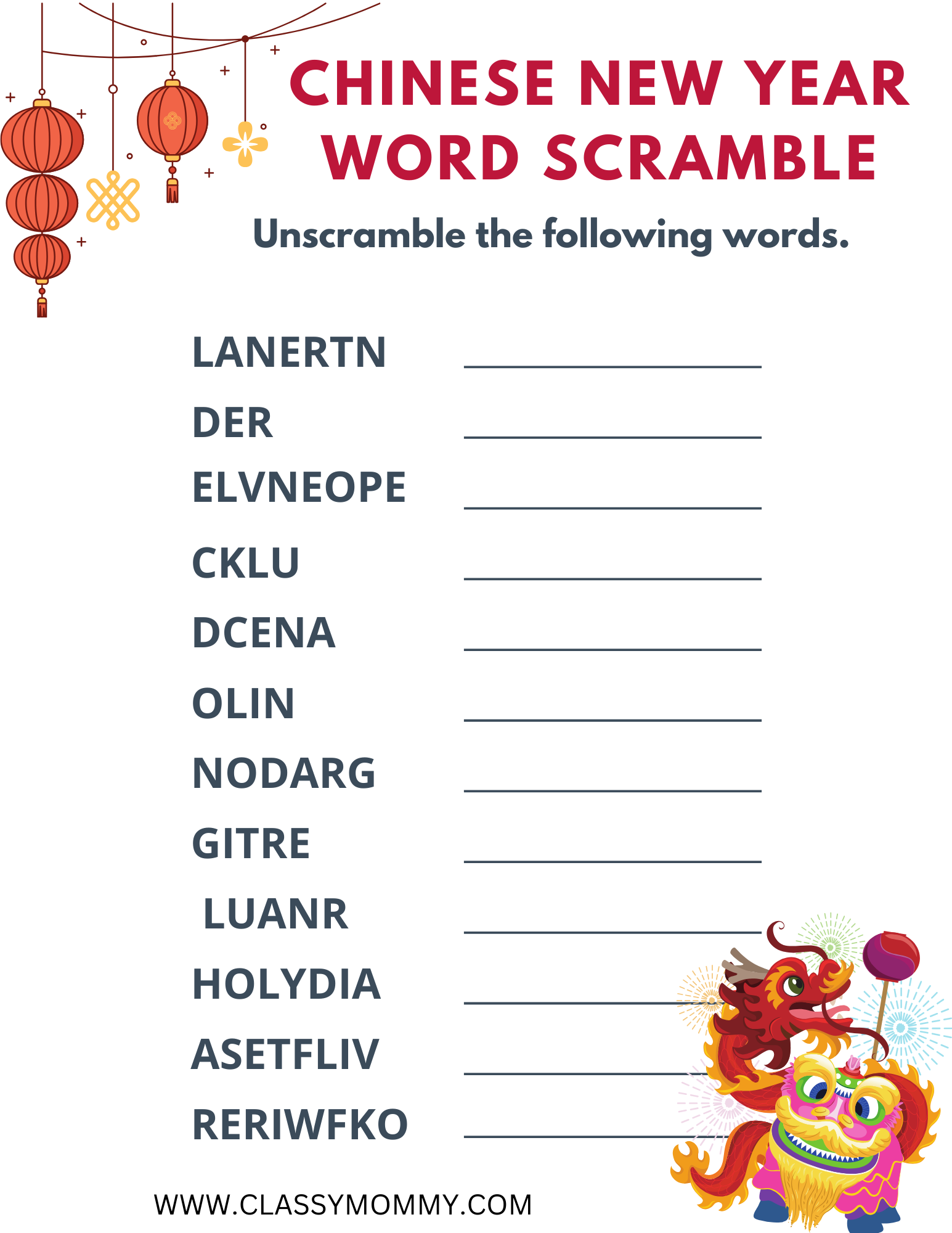 Free Printable Chinese New Year Word Scramble