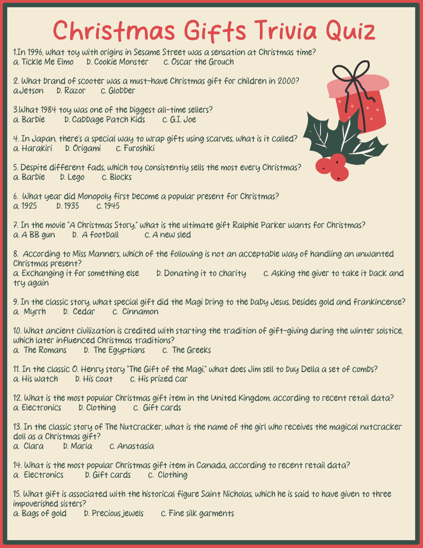 Free Printable Christmas Gifts Trivia Quiz With Answer Key