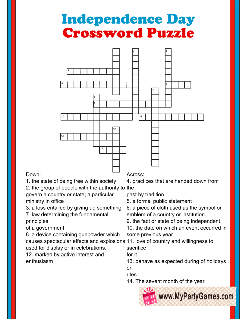 Free Printable Independence Day Crossword Puzzle With Answer Key