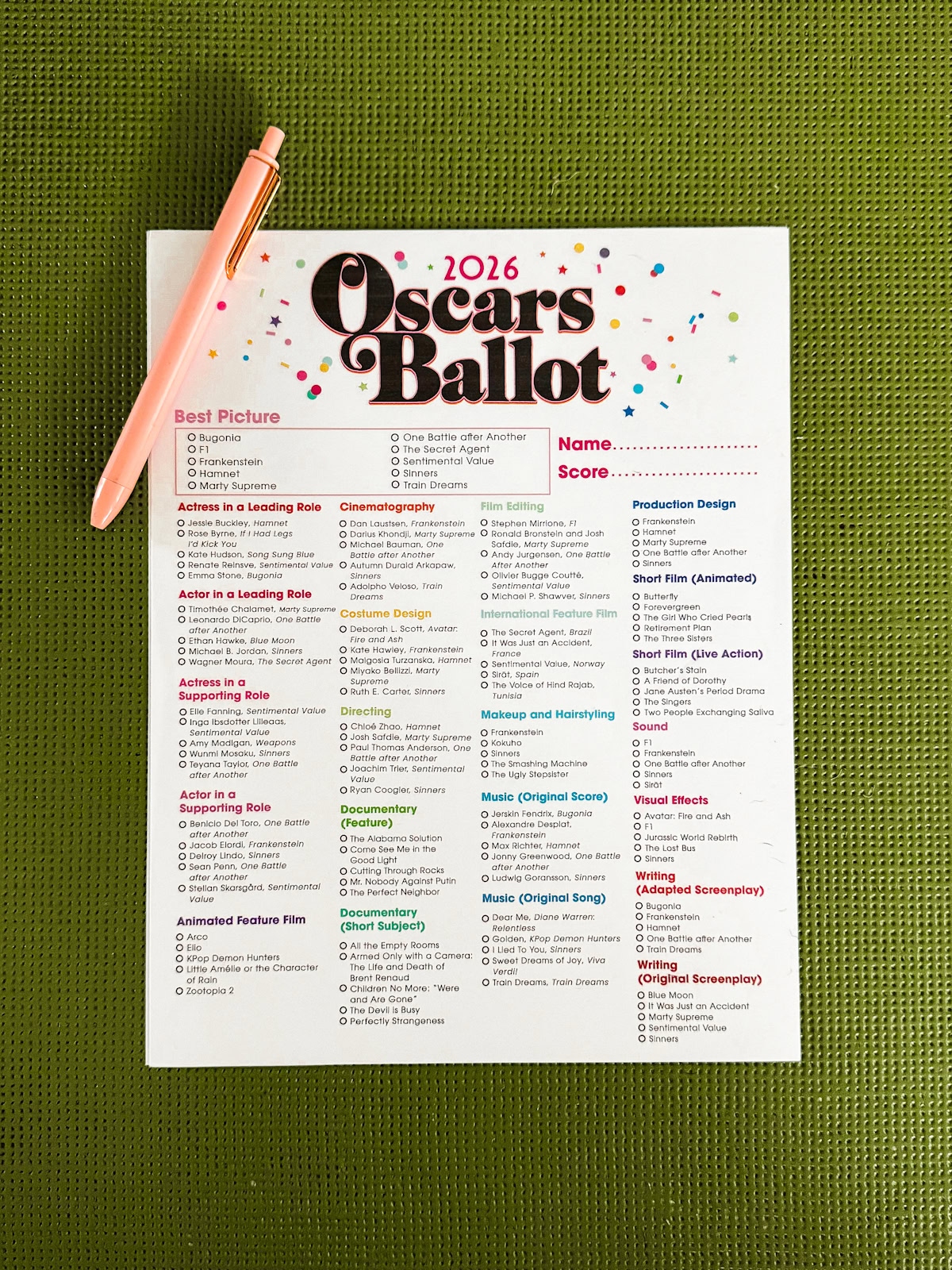 Free Printable Oscar Ballot