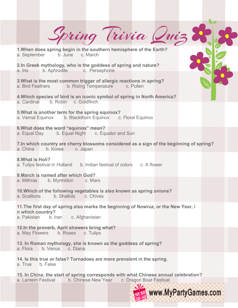Free Printable Spring Trivia Quiz With Answer Key Free Printable Spring Trivia Quiz With Answer Key