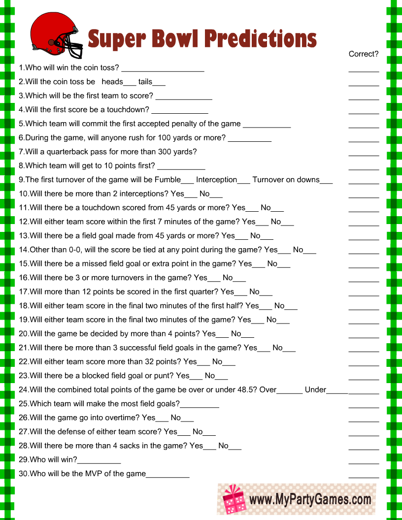 Free Printable Super Bowl Predictions Game Card Free Printable Super Bowl Predictions Game Card