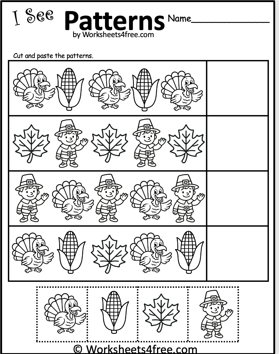 Free Thanksgiving Cut And Paste Patterns Worksheet