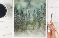 Free Watercolor Mountain Pine Tree Forest Scenery Printable
