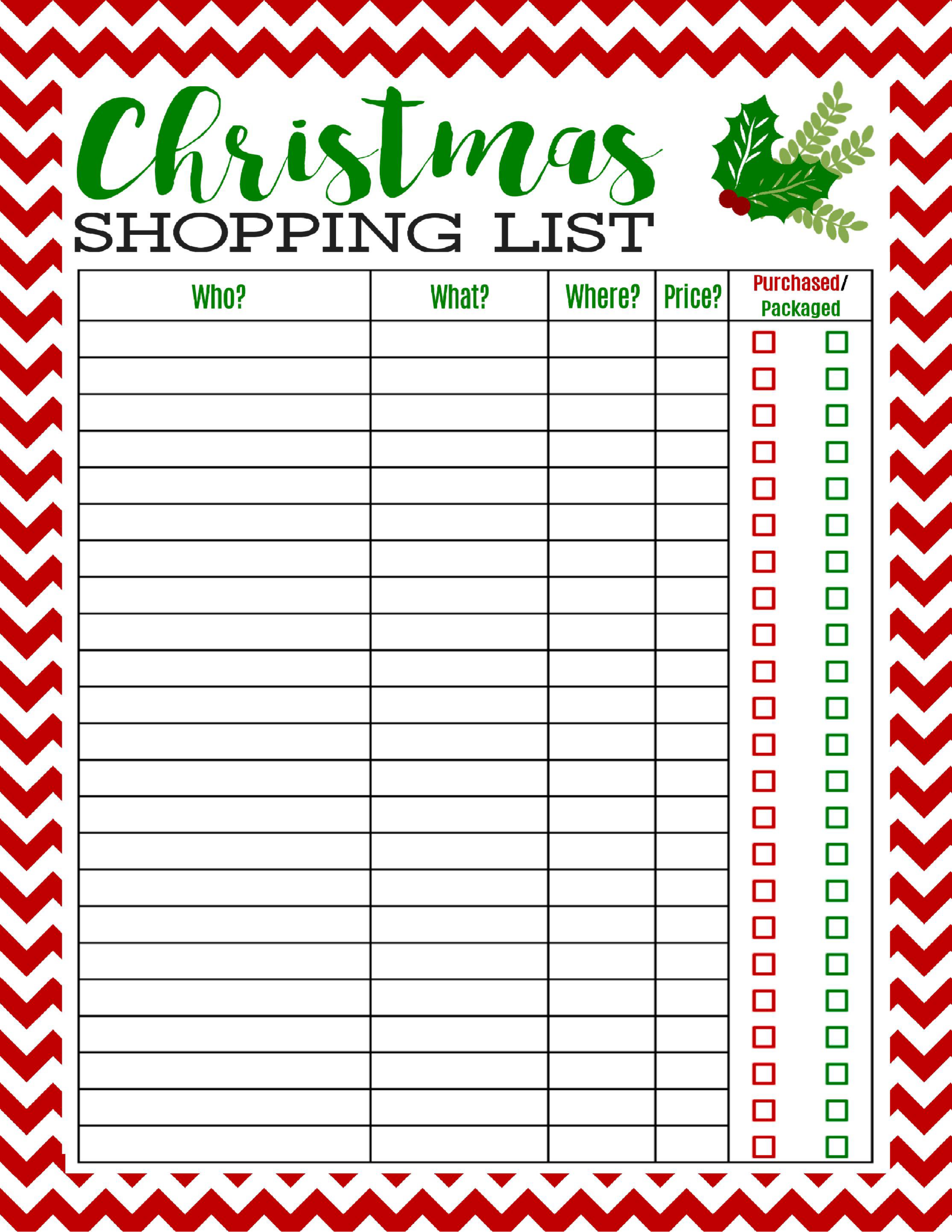 printable christmas food shopping list
