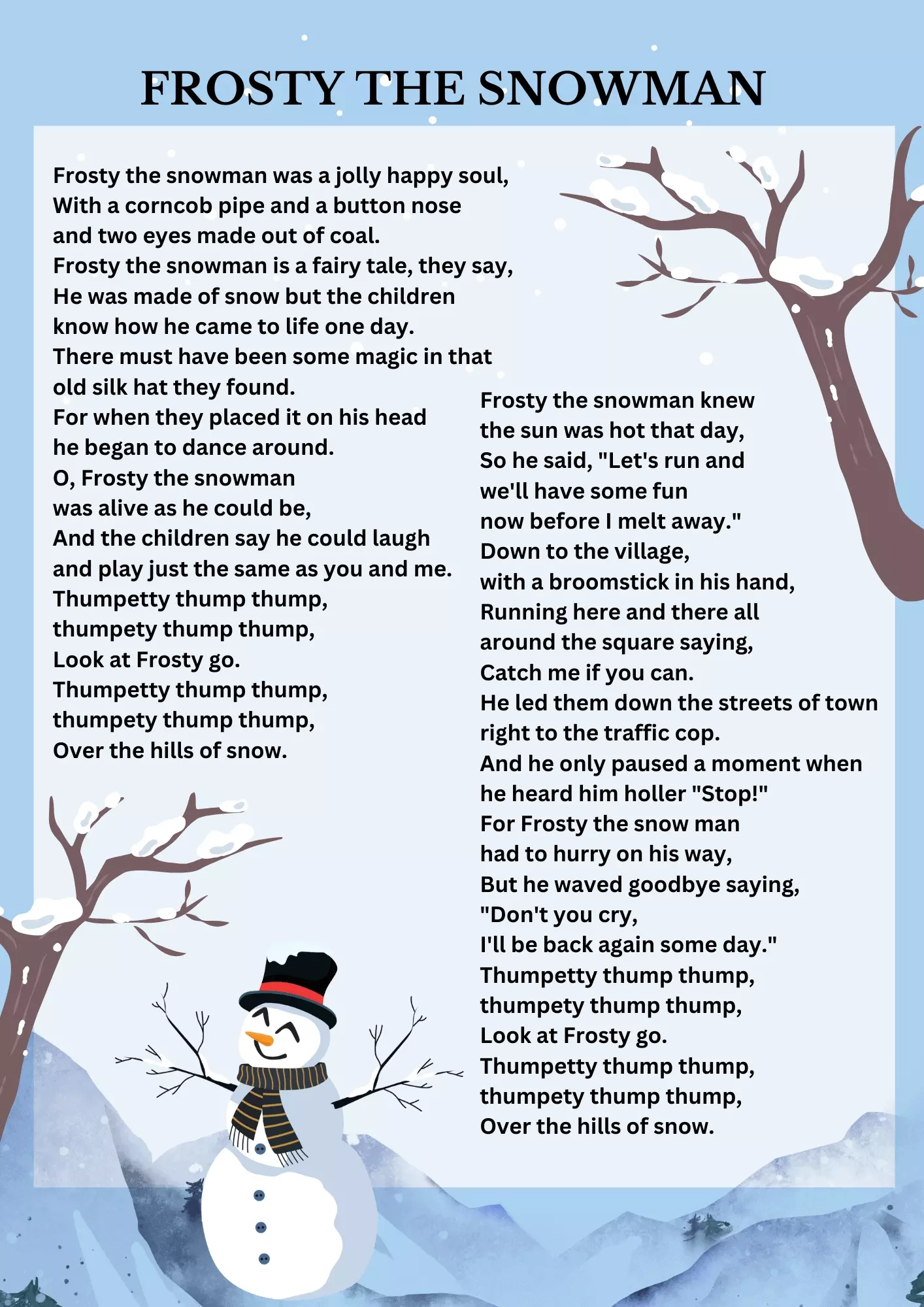 Frosty The Snowman Lyrics Free Printable