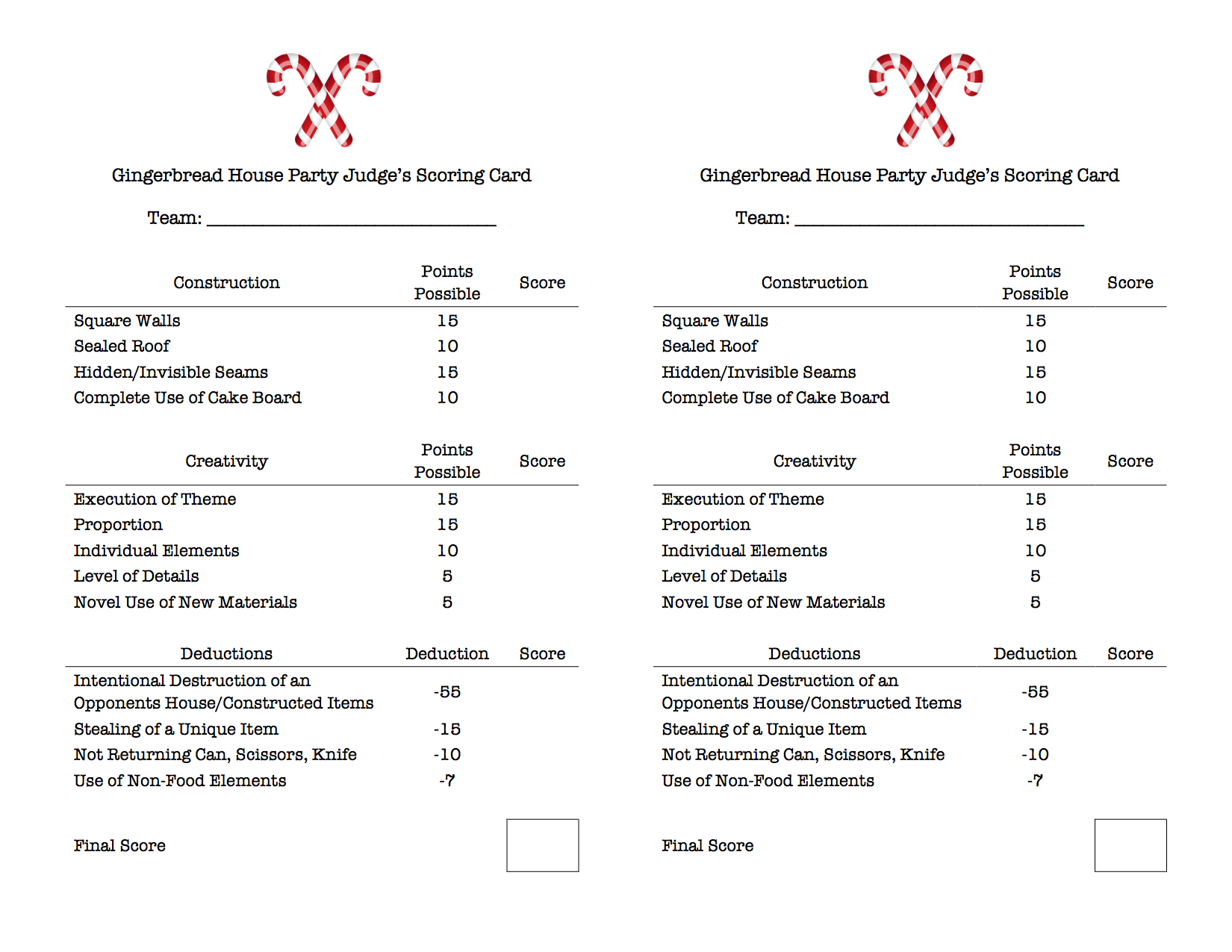 Gingerbread House Party Score Card