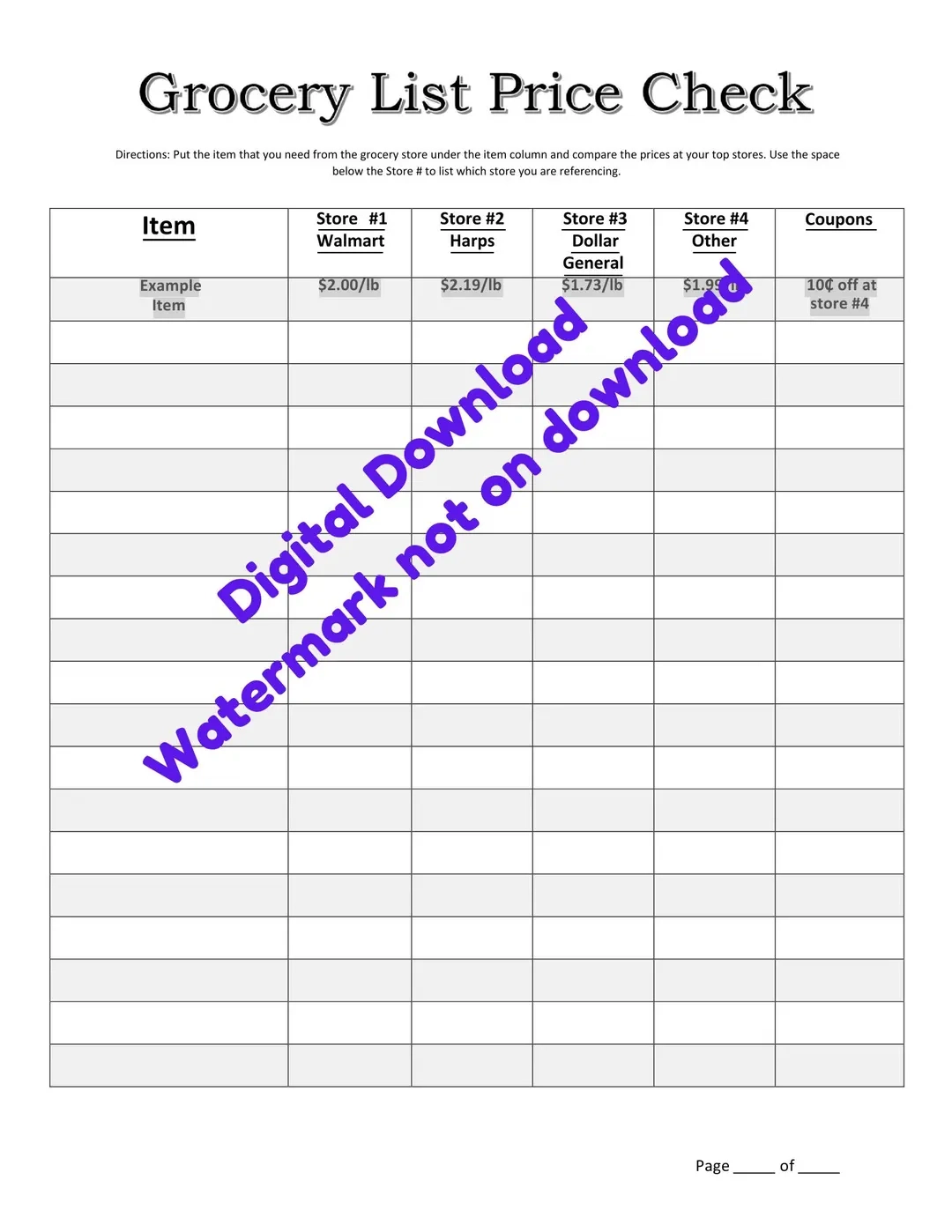Grocery Price Comparison Printable