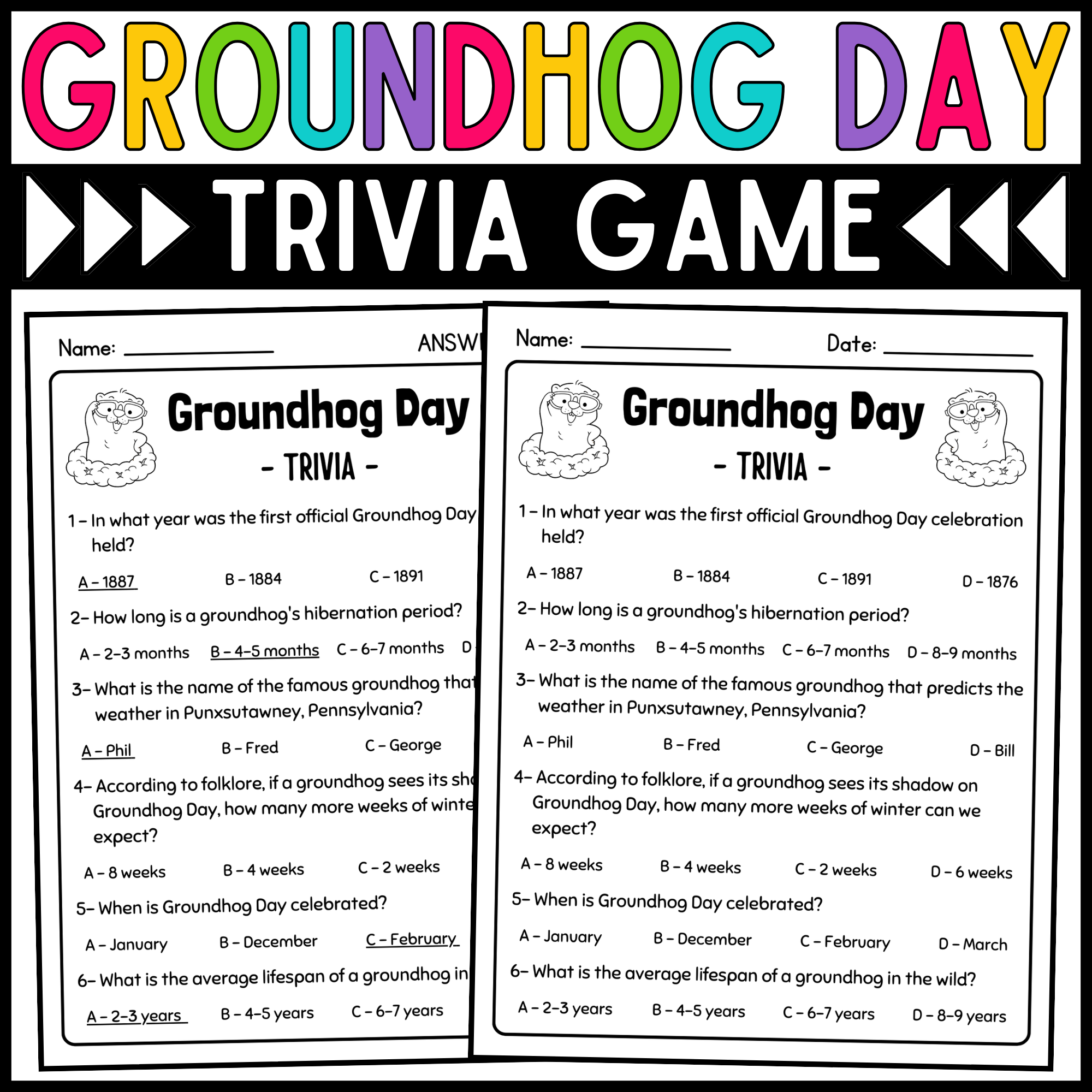 Groundhog Day Trivia Game Groundhog Day Activities Groundhogs Games Groundhog Day Trivia Game Groundhog Day Activities Groundhogs Games