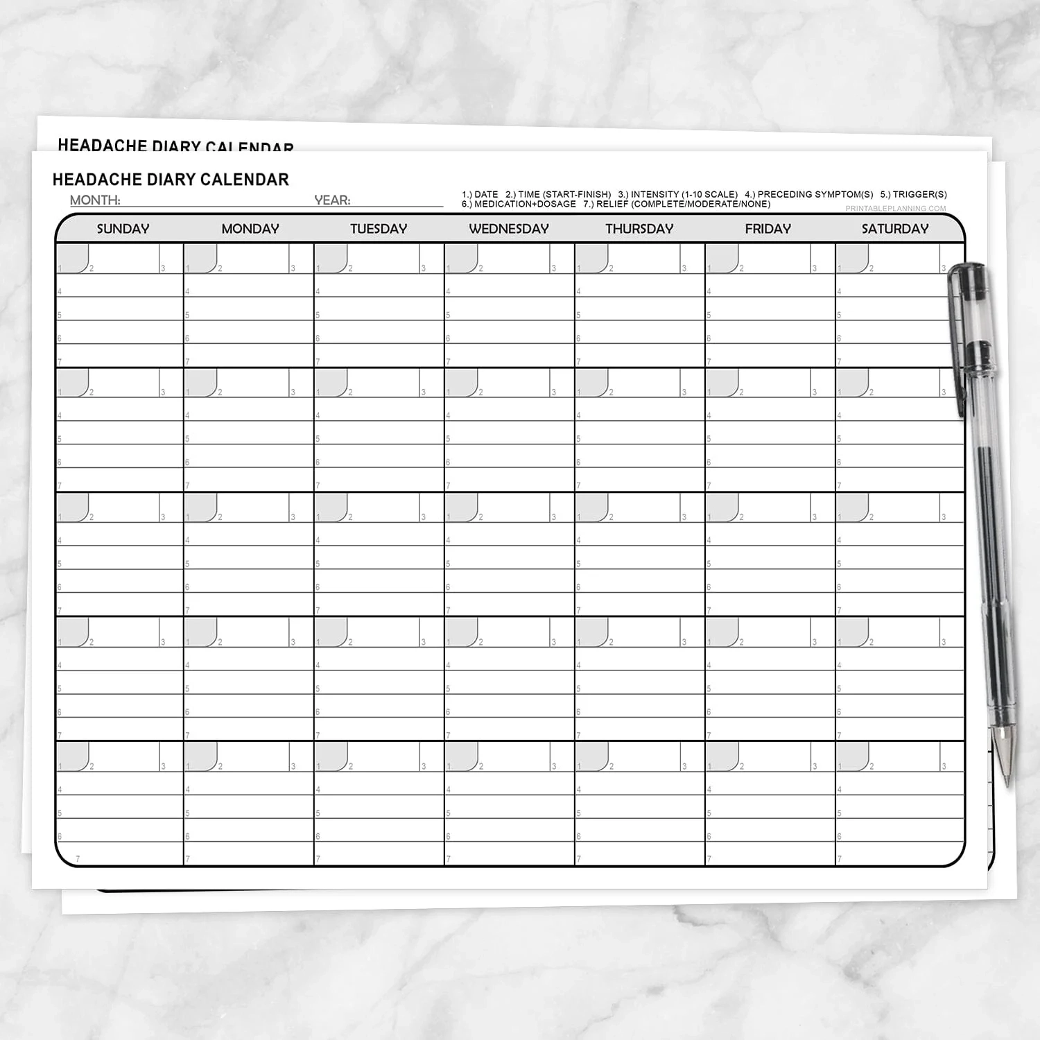 Headache Diary Calendar Printable
