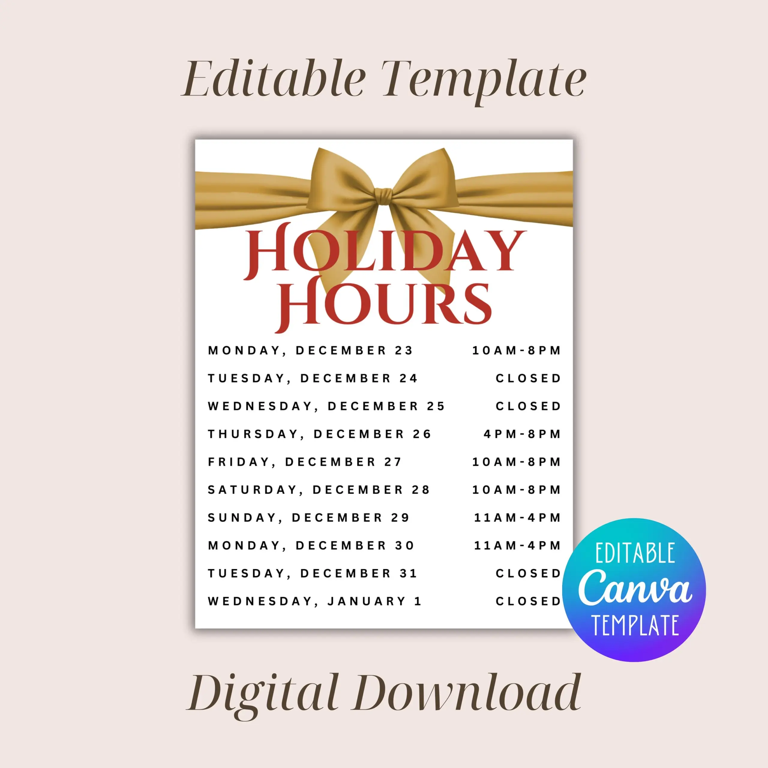 Holiday Hours Printable Sign Business