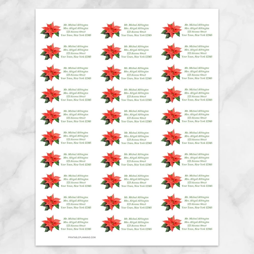 Holiday Personalized Poinsettia Address Labels Printable