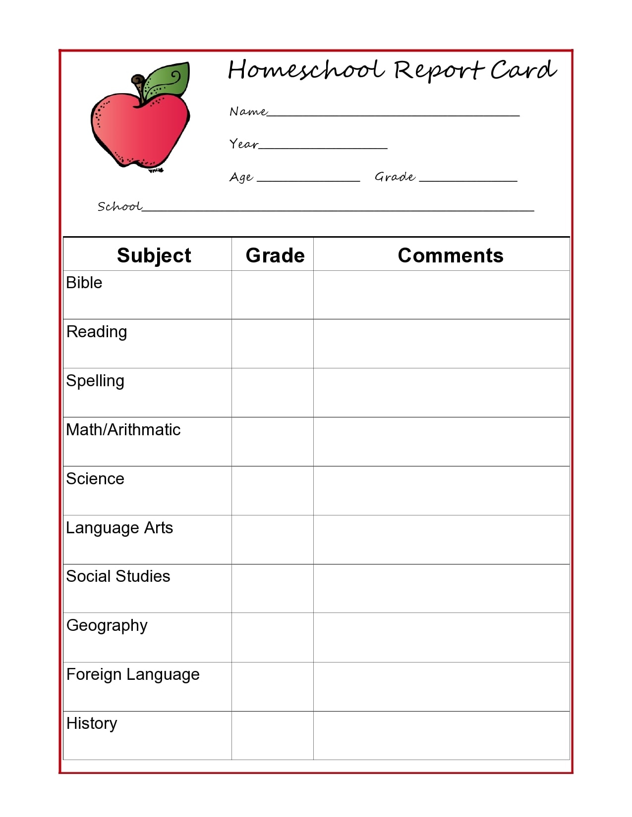 Homeschool Report Card