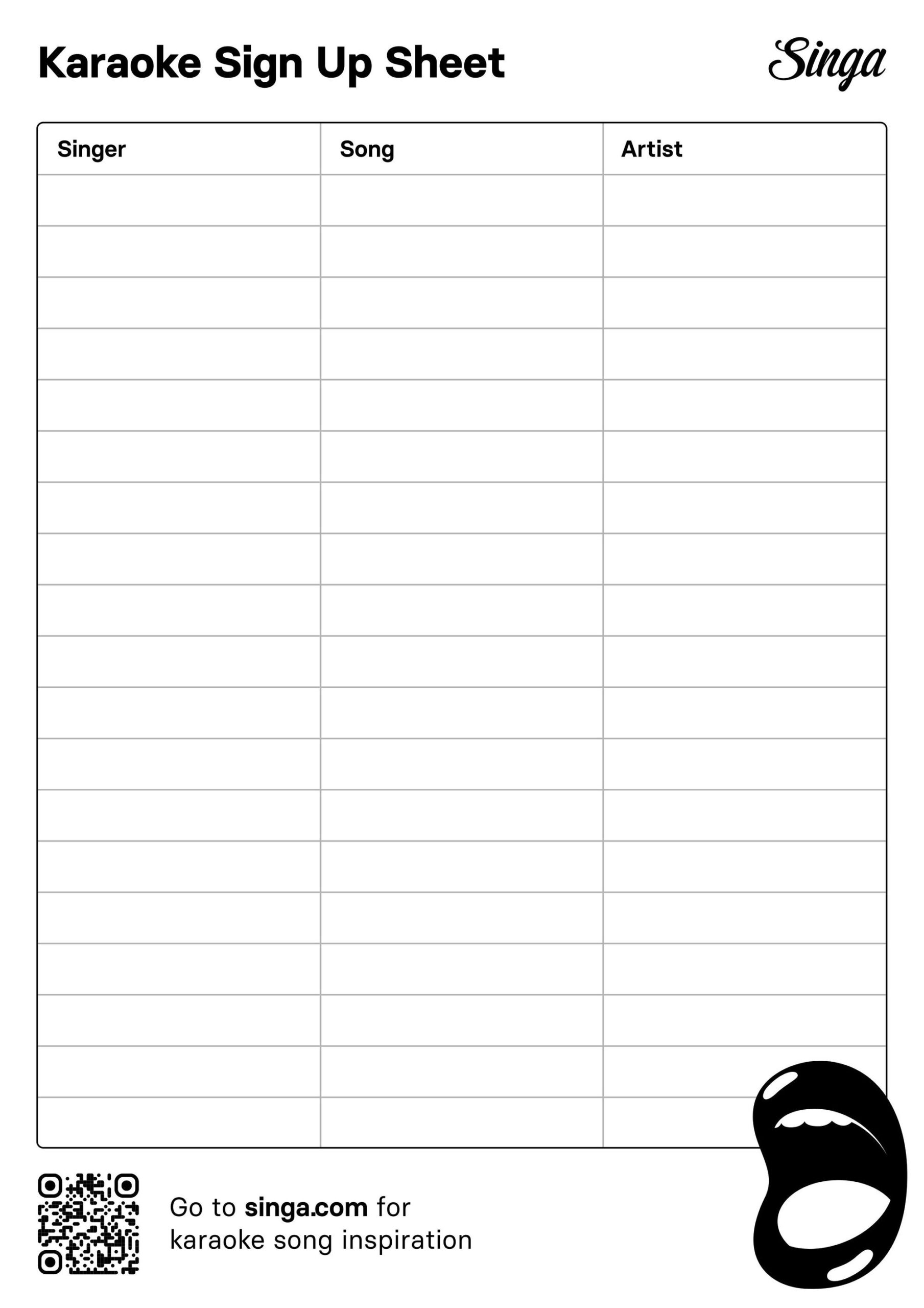 Karaoke Sign Up Sheet
