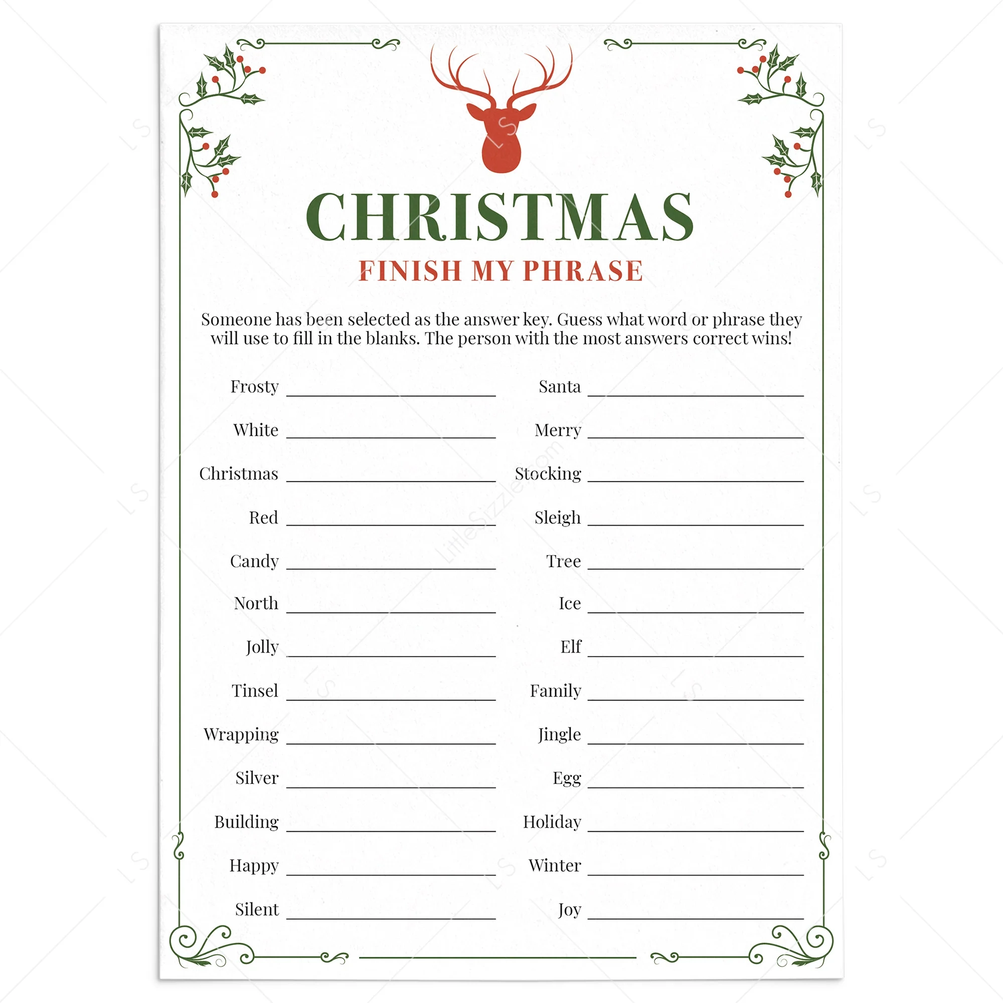 Kids Christmas Game Printable Finish My Phrase