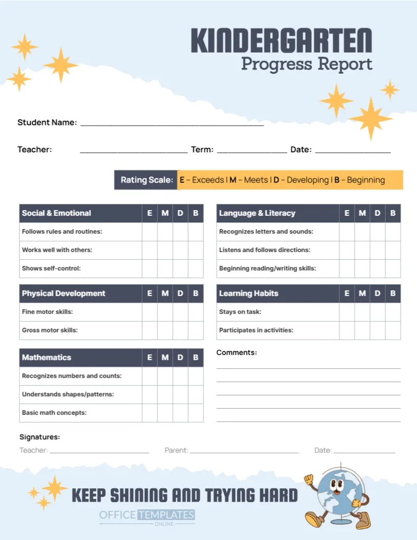 Kindergarten Progress Report Card