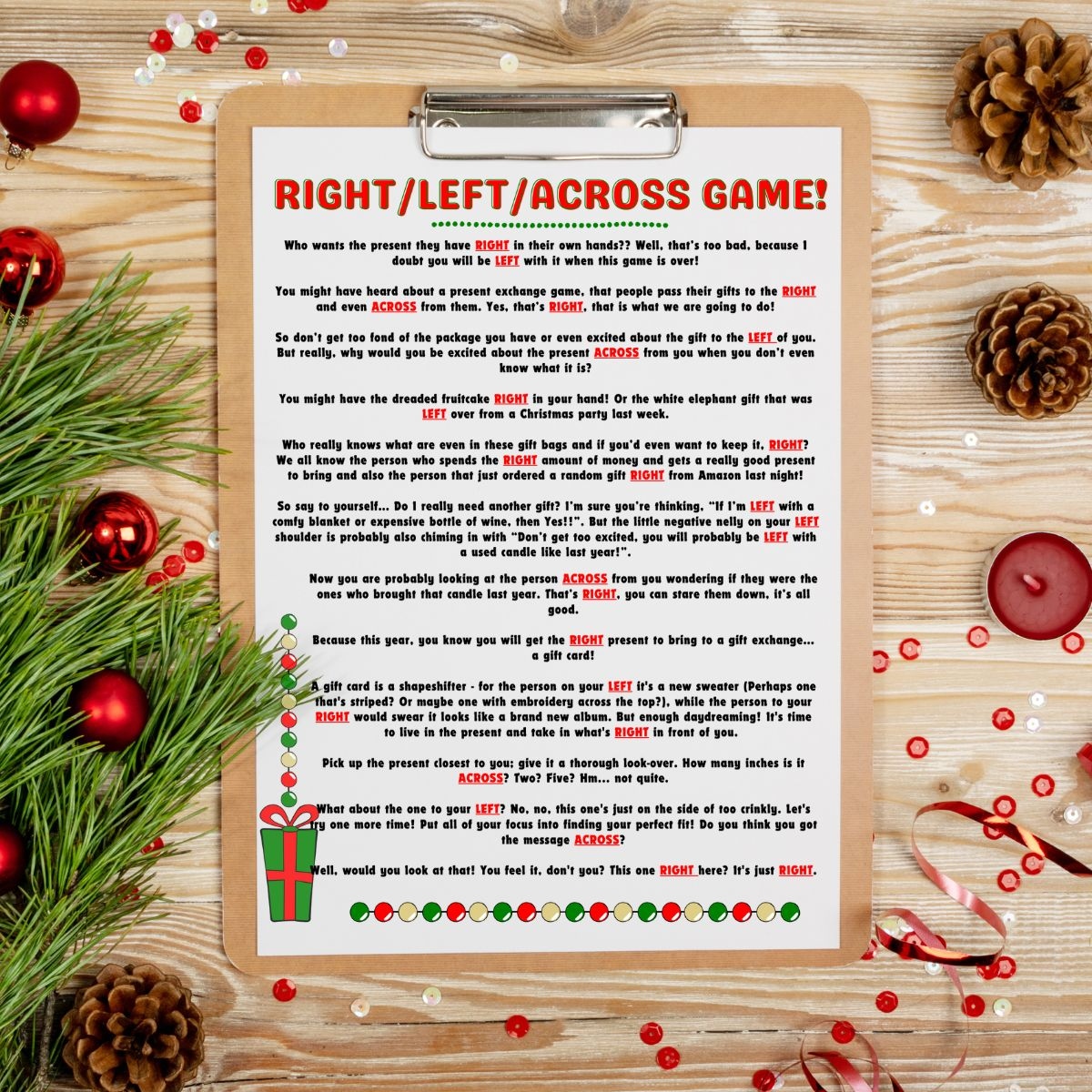 Left Right Across Christmas Game Free Printable