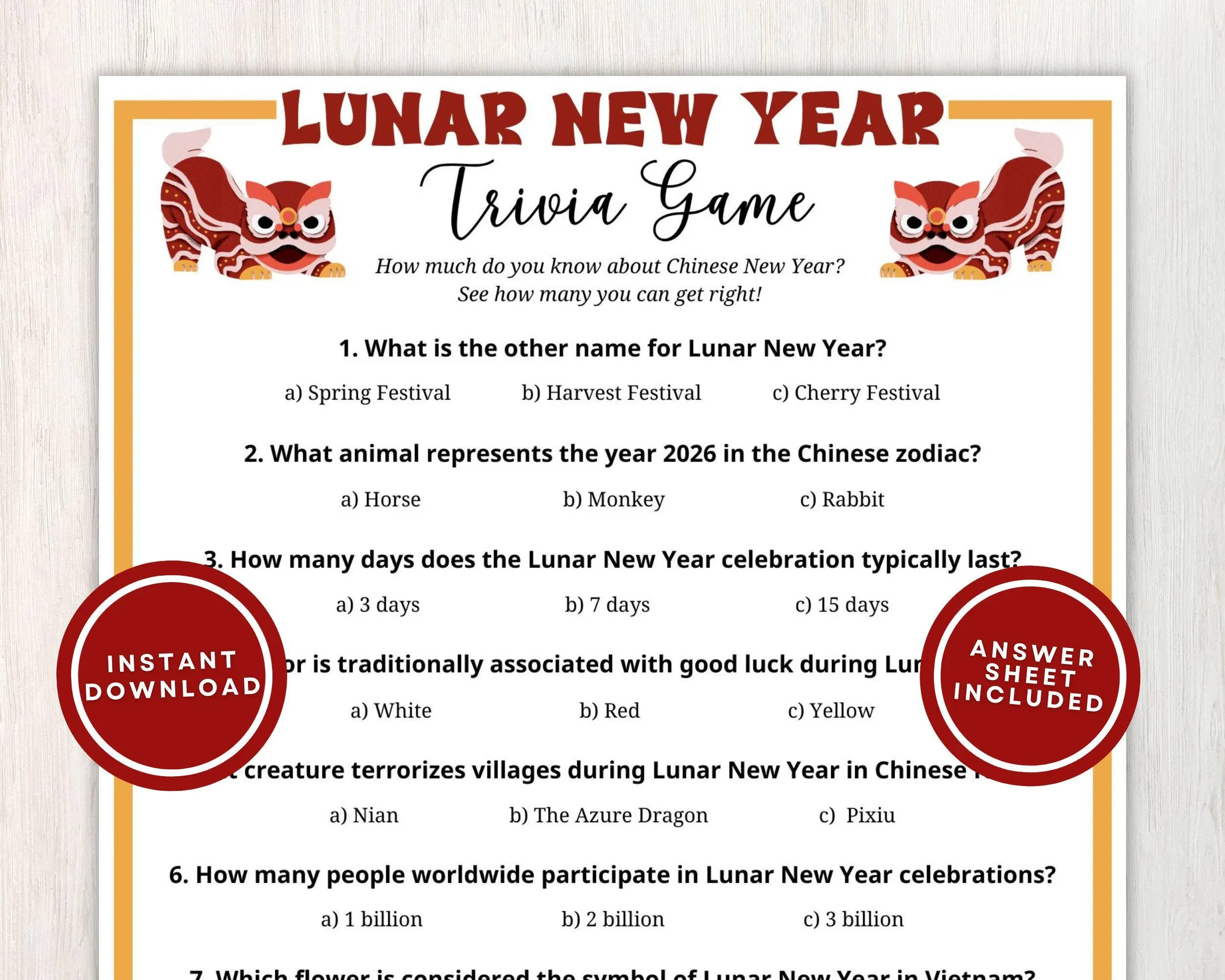 Lunar New Year Trivia 2026 Printable Lunar New Year Trivia 2026 Printable