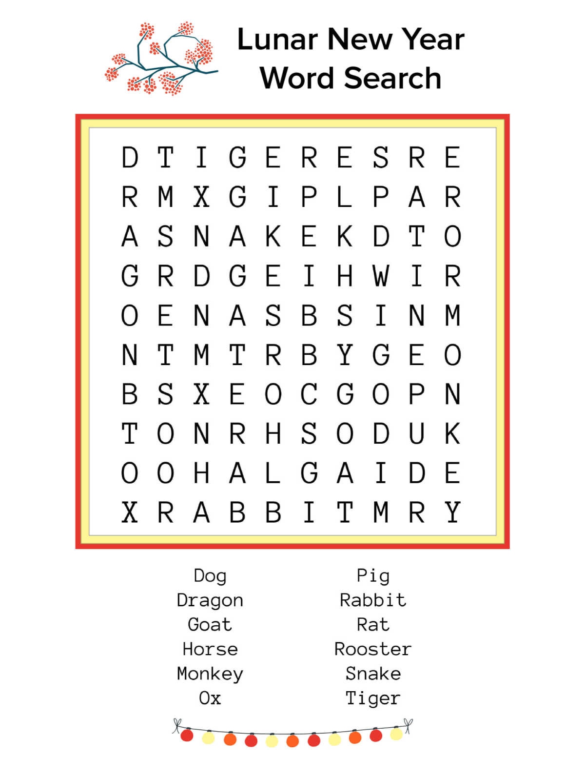 Lunar New Year Word Search Lunar New Year Word Search