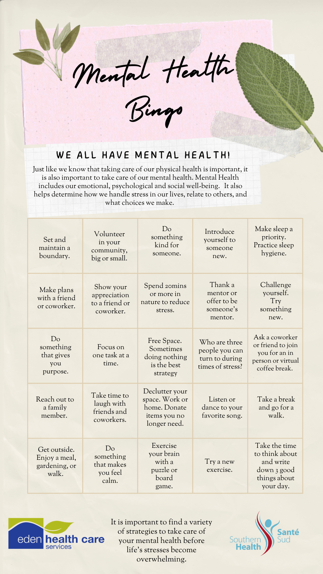 Mental Health Bingo Mental Health Bingo