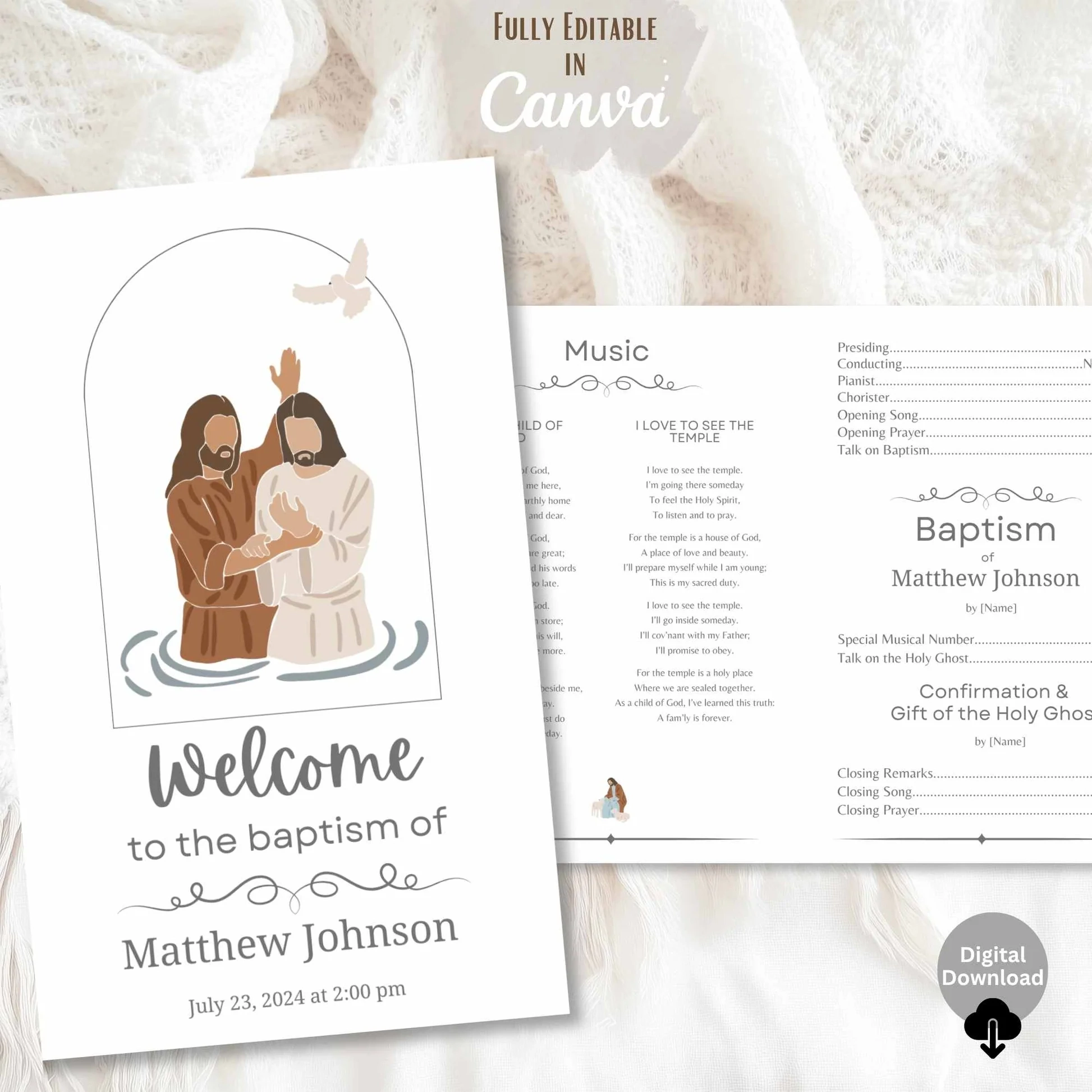 Minimalist Lds Baptism Program Template Neutral Canva Printable Foldable Handout