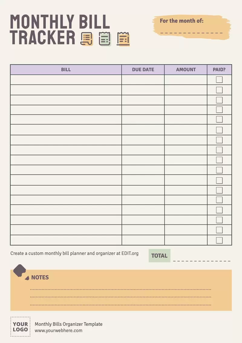 Monthly Bills Organizer Templates