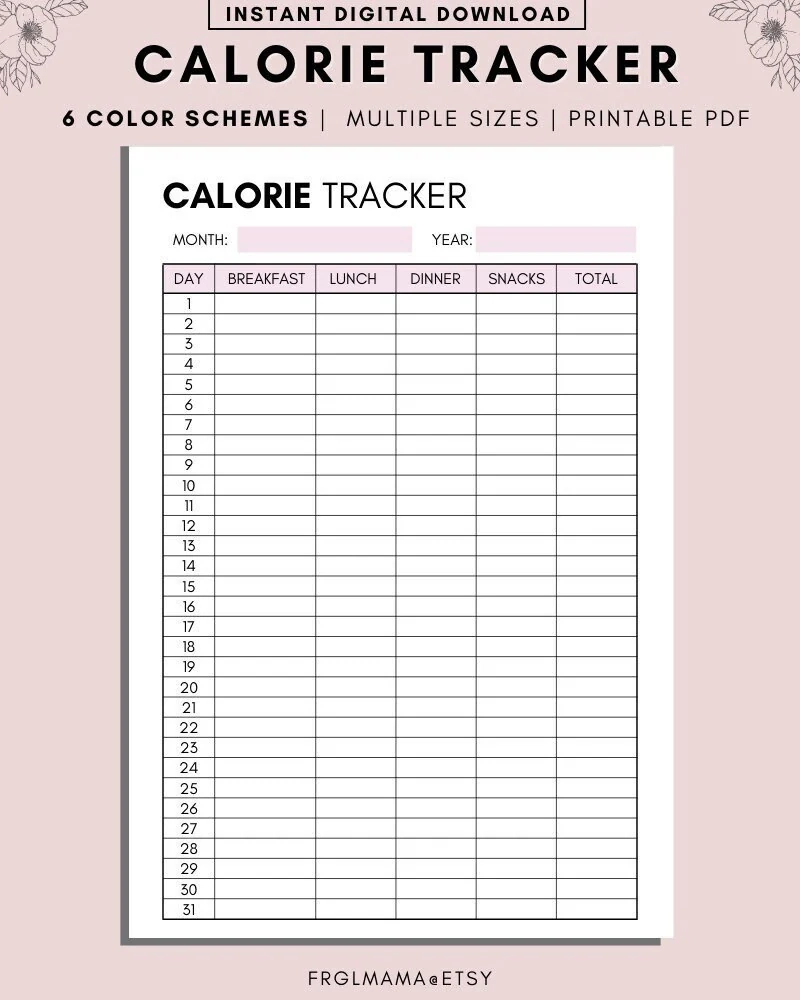 Monthly Calorie Tracker Printable A4 A5