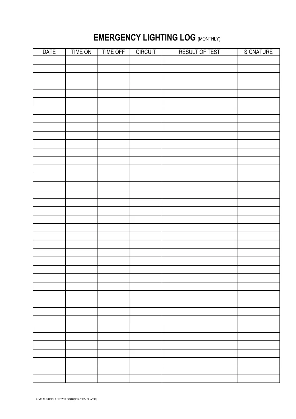 Monthly Emergency Lighting Log Template Monthly Emergency Lighting Log Template