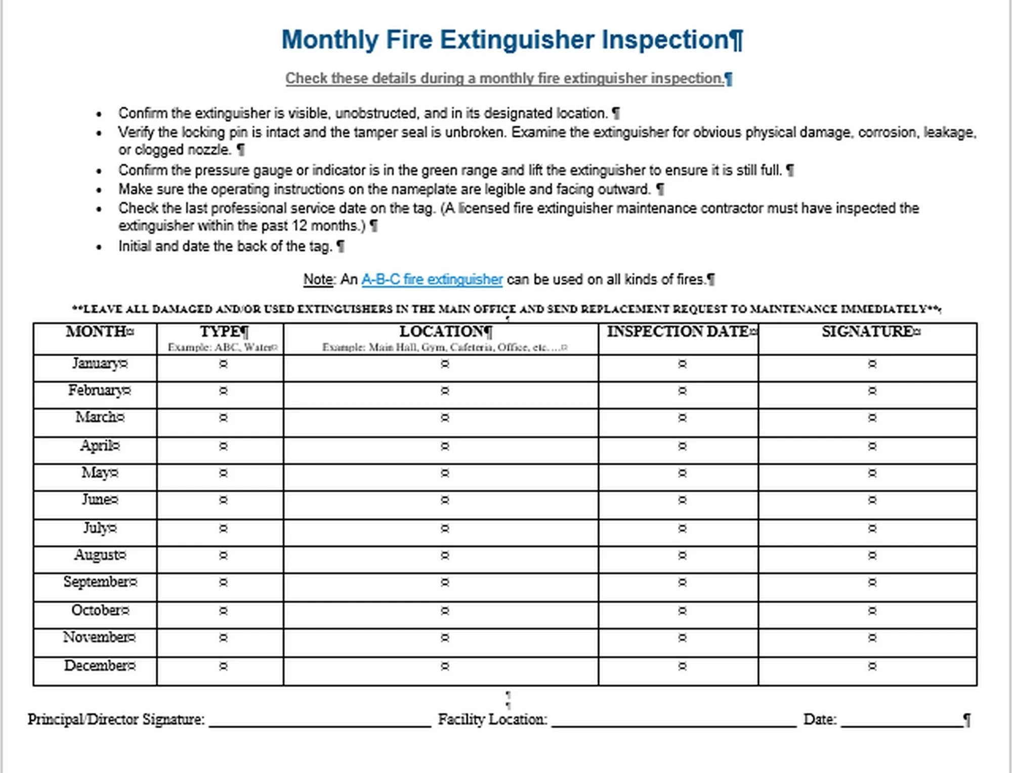 Monthly Fire Extinguishers Checklist And