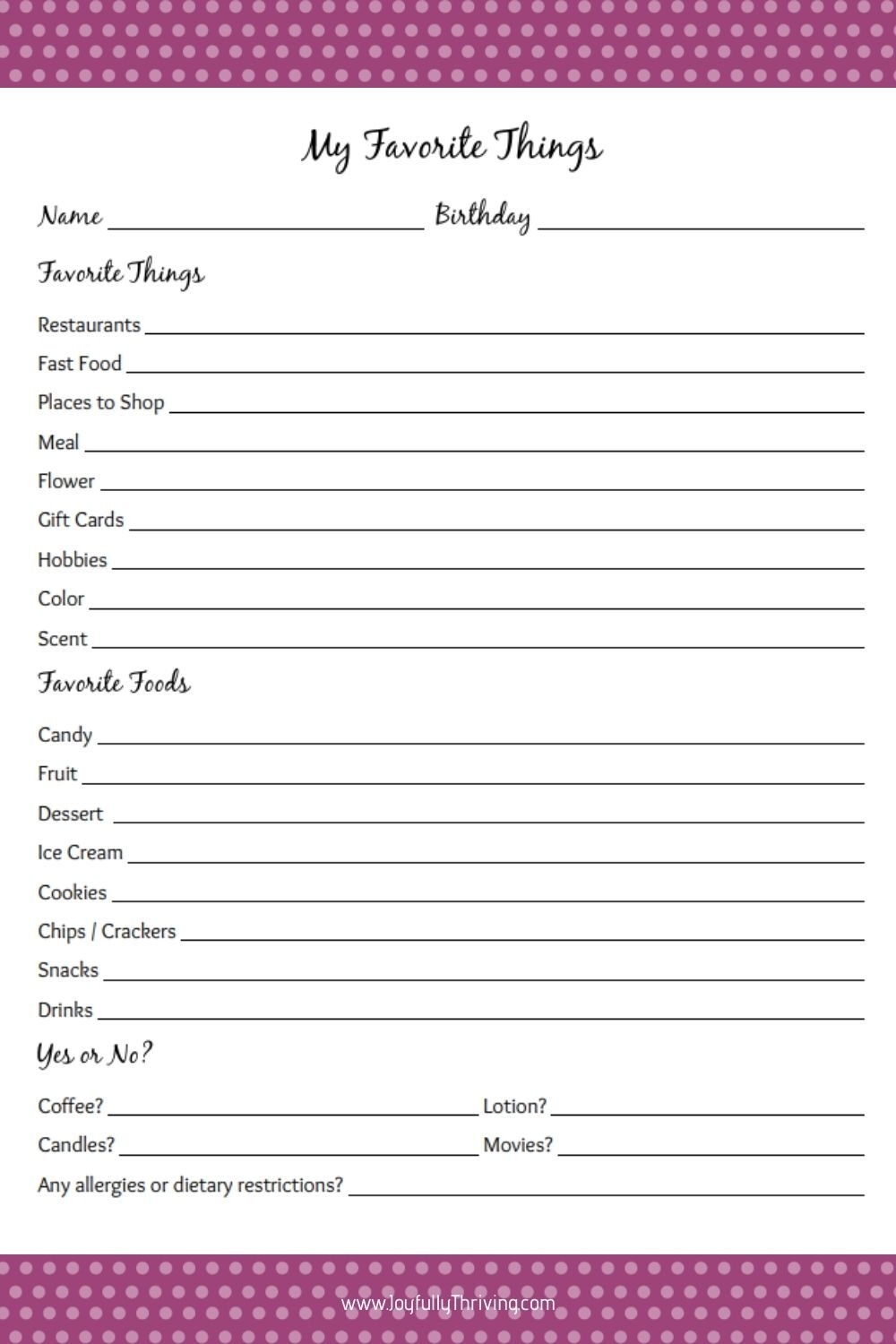My Favorite Things Printable