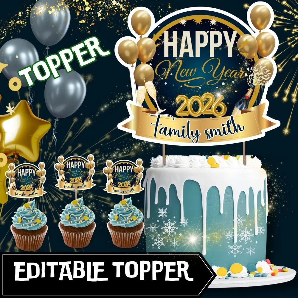 New Year 2026 Cake Topper Gold Balloons New Year 2026 Cake Topper Gold Balloons