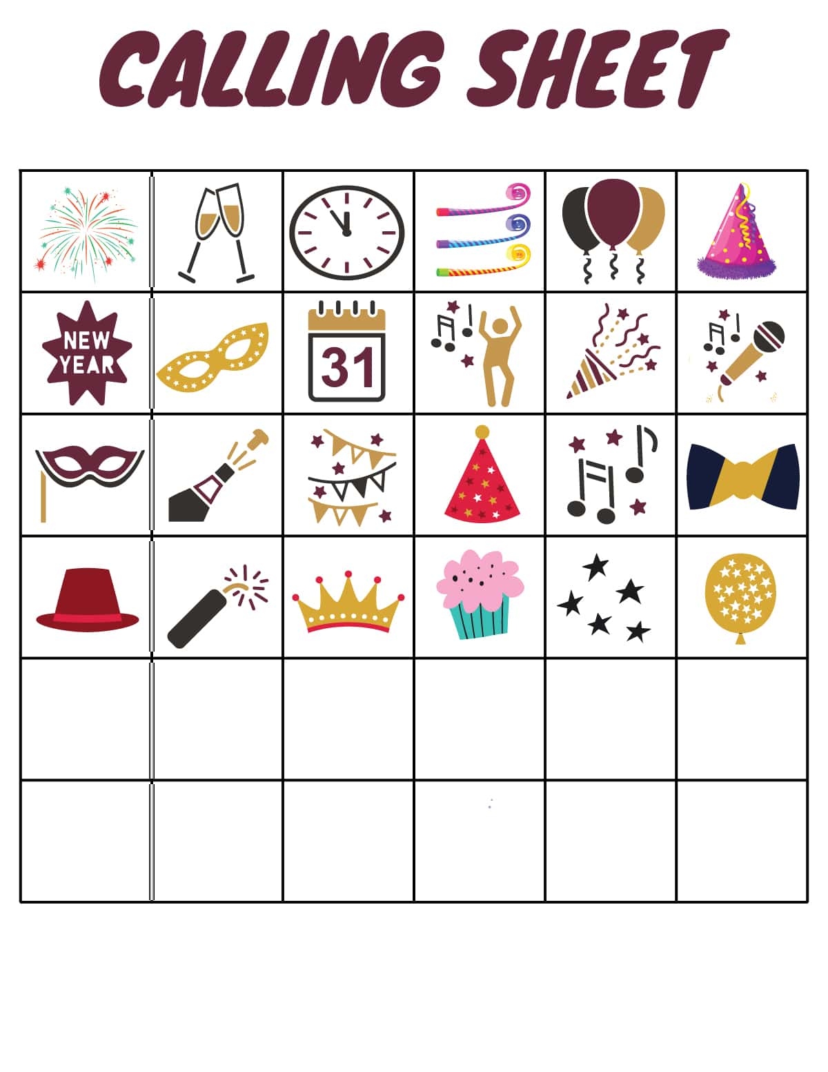free printable new years bingo