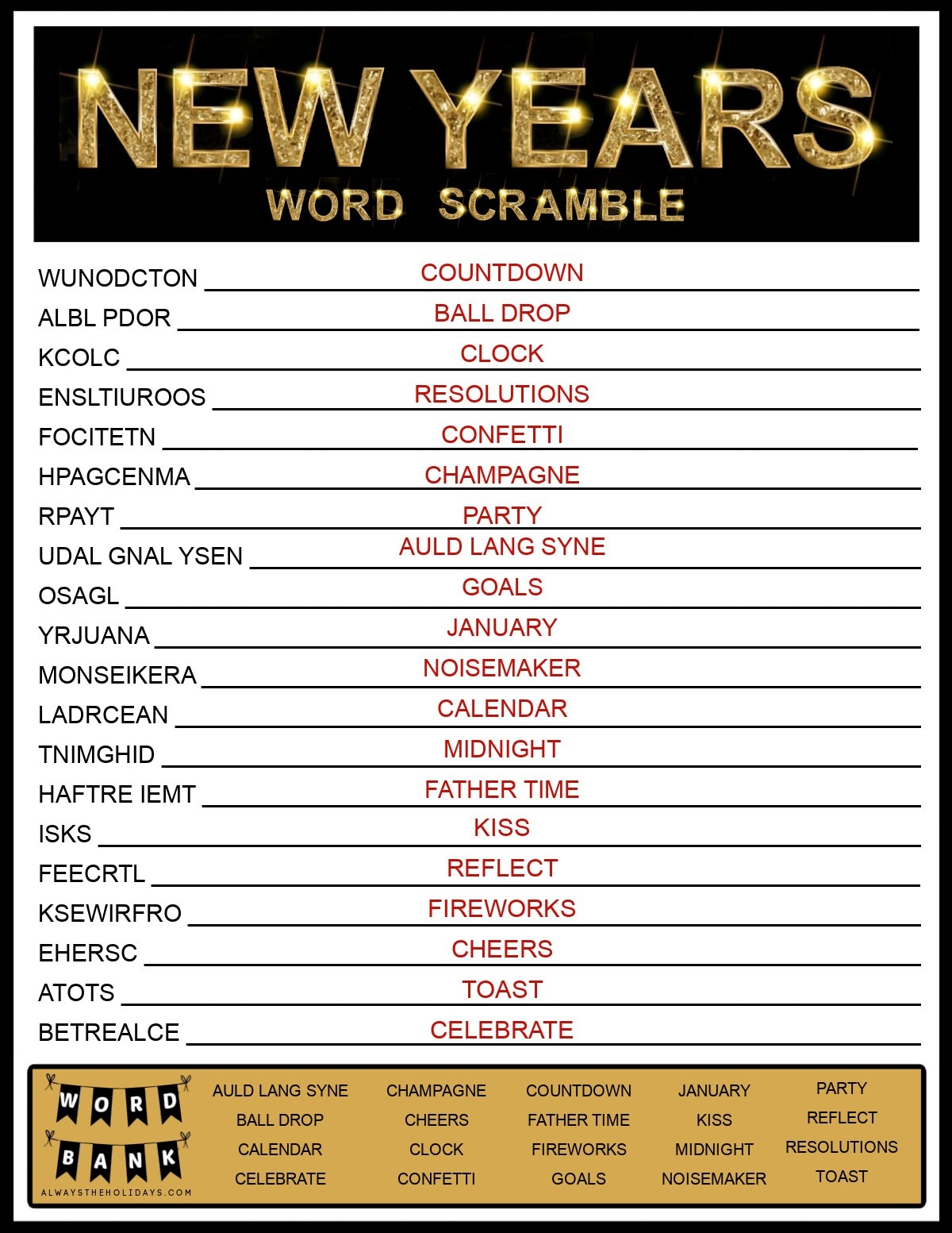 New Years Word Scramble New Years Word Scramble