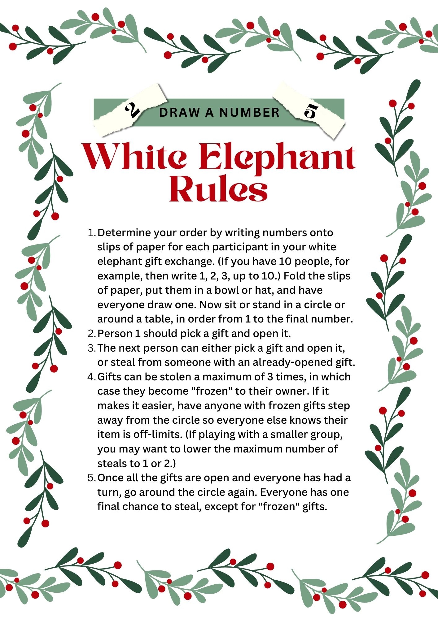 free printable numbers for christmas white elephant gift exchange
