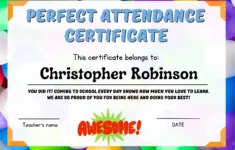 Perfect Attendance Award Certificate For