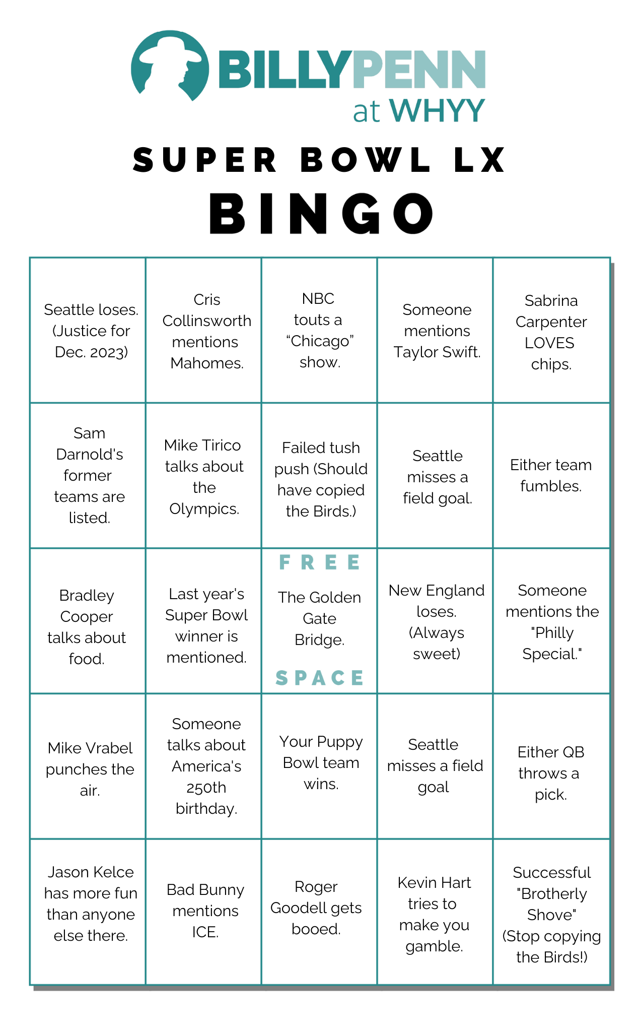 Philadelphia Super Bowl Lx Bingo Game Board Seahawks Patriots