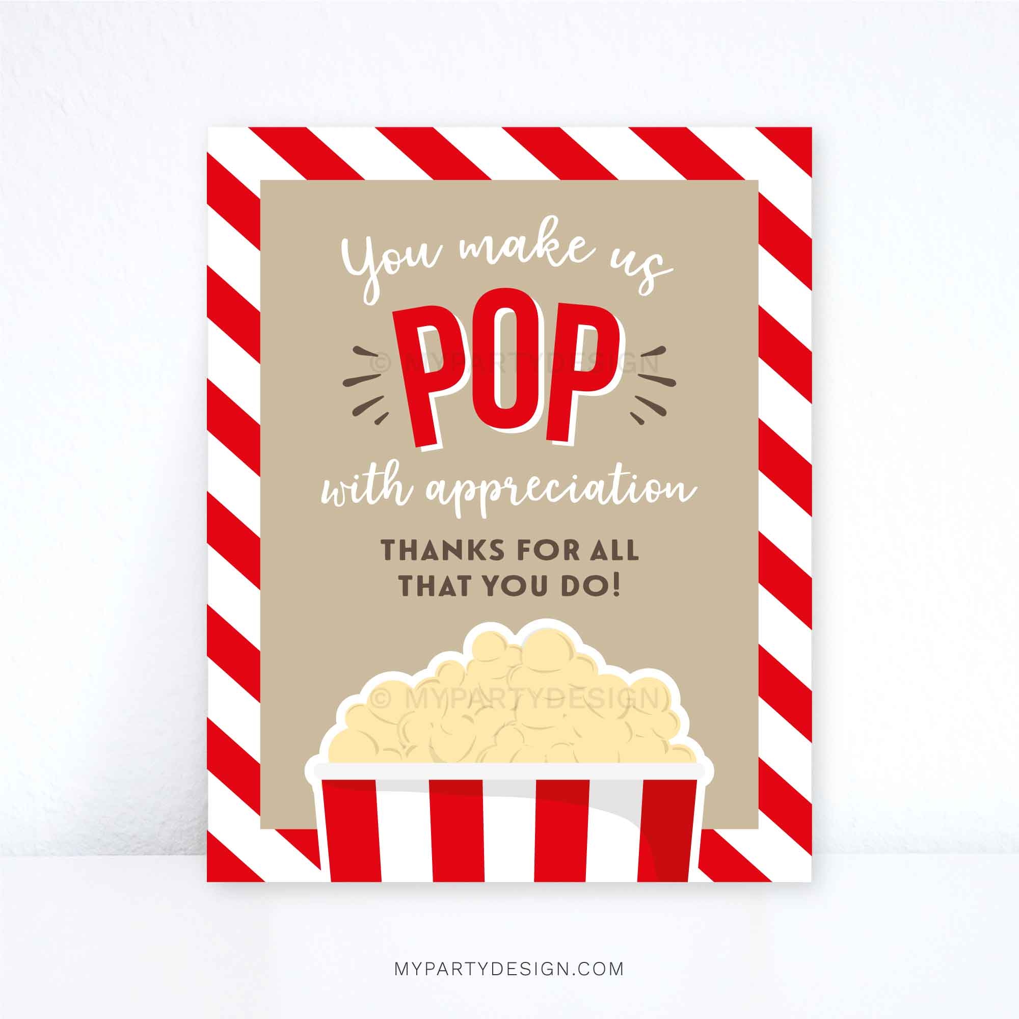 Pop With Appreciation Popcorn Sign Printable Pdf