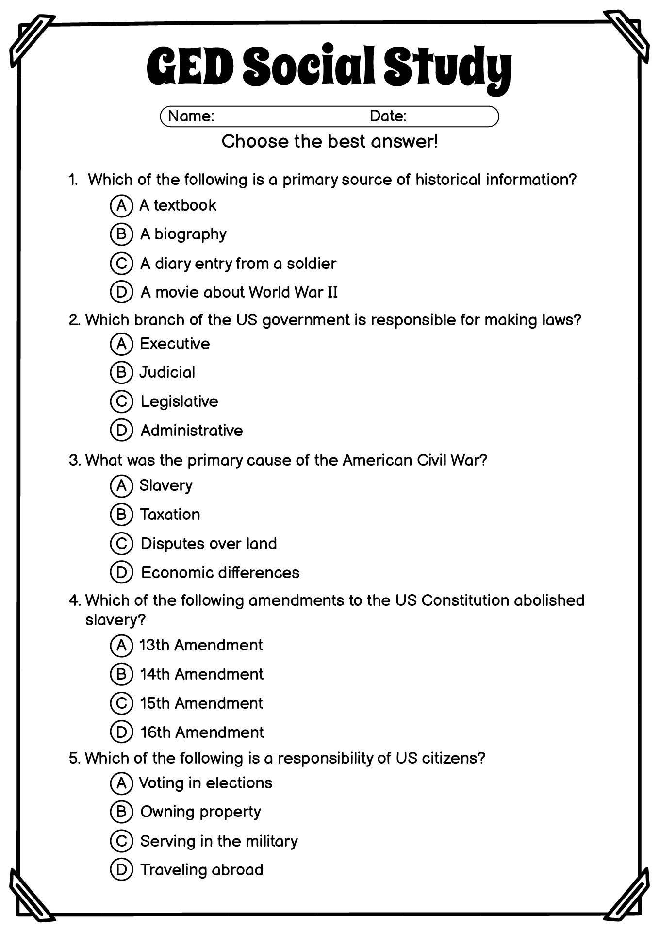 Post Printable Ged Social Studies Worksheets 233503