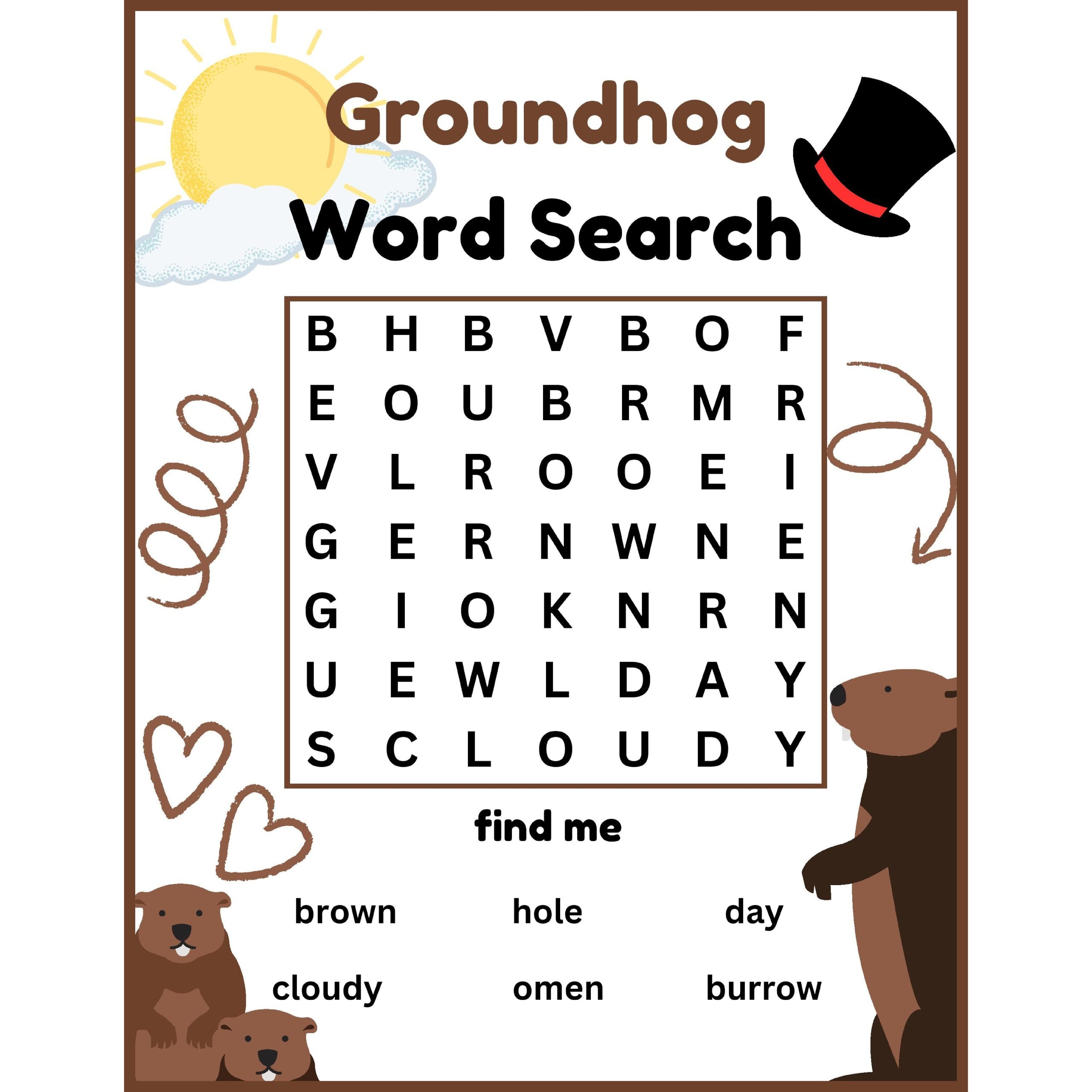 Preschool Kindergarten Groundhog Day Word Search Worksheet Activity 2