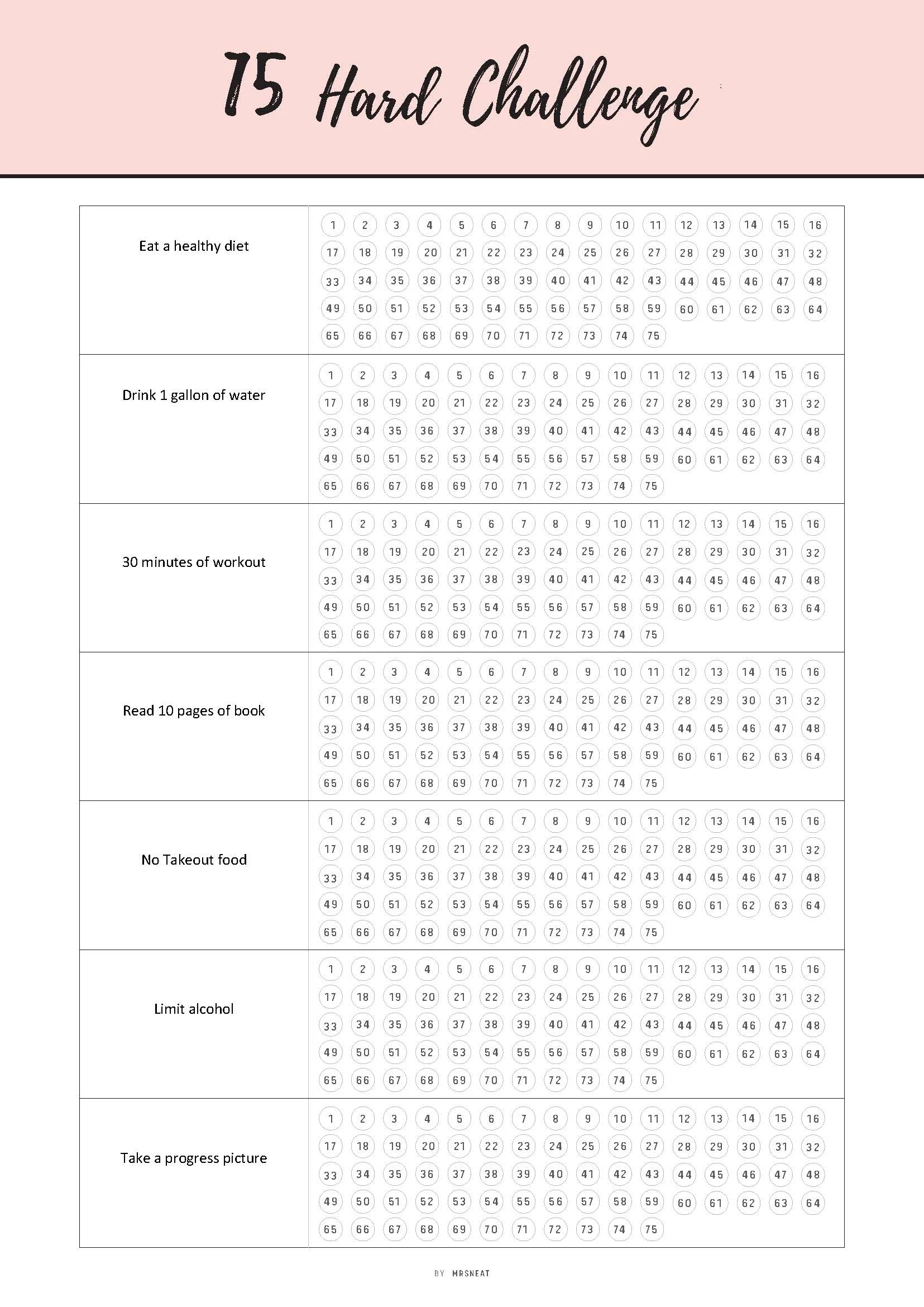 Printable 75 Hard Challenge Template Printable 75 Hard Challenge Template