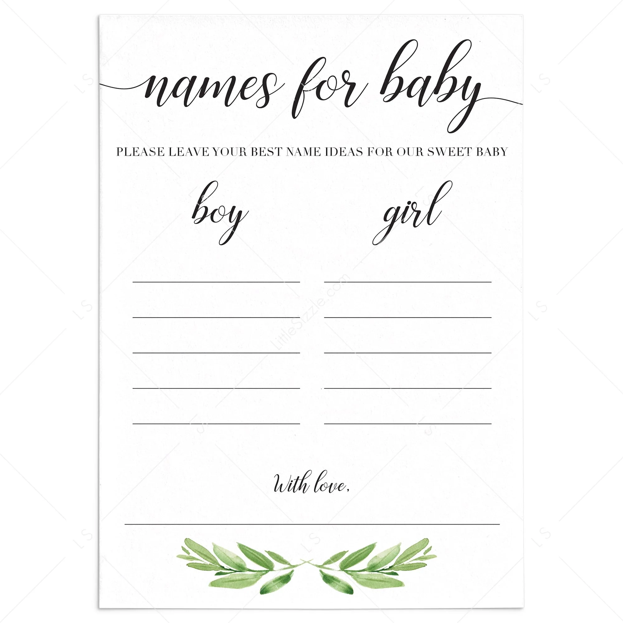 Printable Baby Name Suggestion Card Gender Neutral