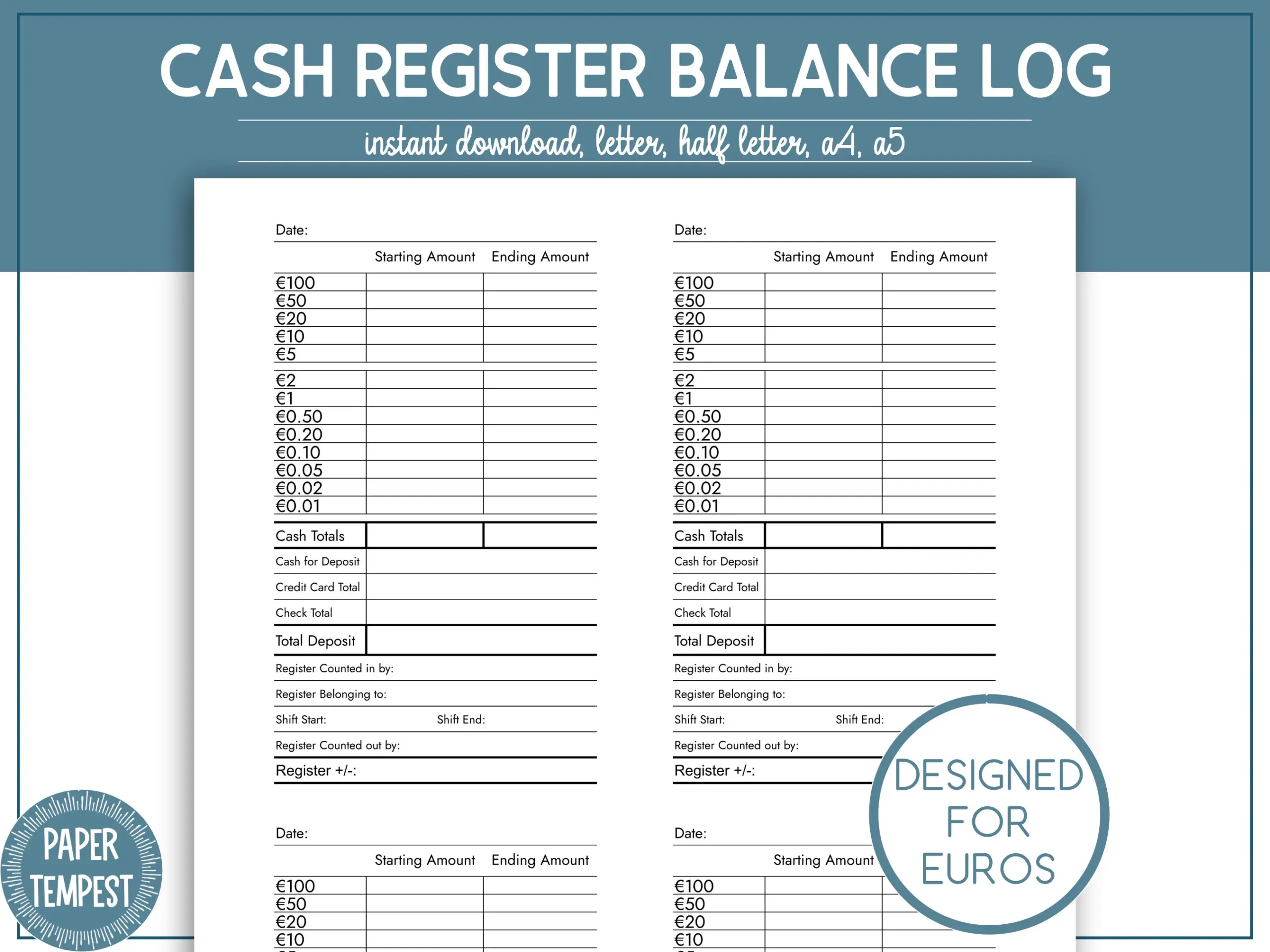 Printable Cash Register Balance Log Cash