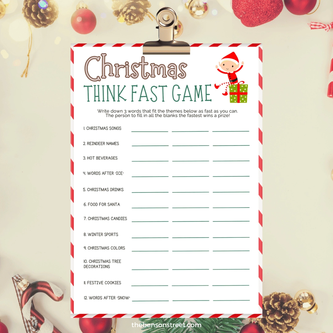 Printable Christmas Think Fast Game