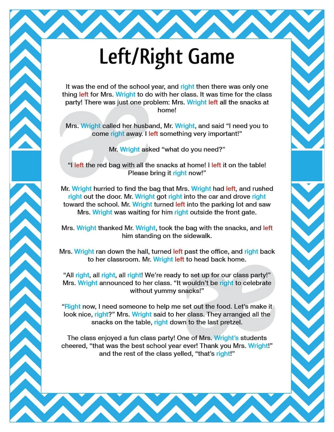 Printable End Of School Game Left Right