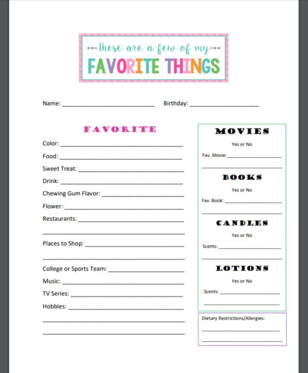 free favorite things printable