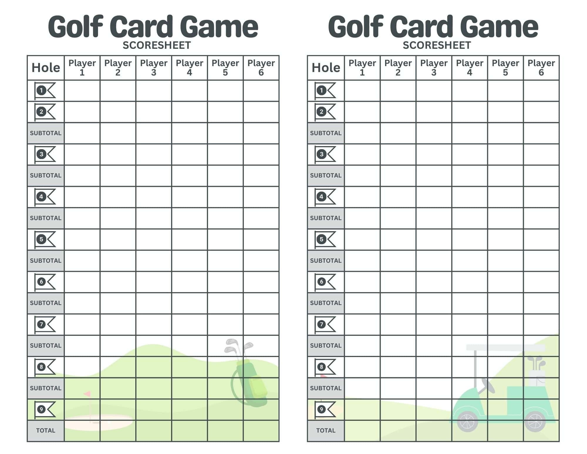 Printable Golf Card Game Scoresheet