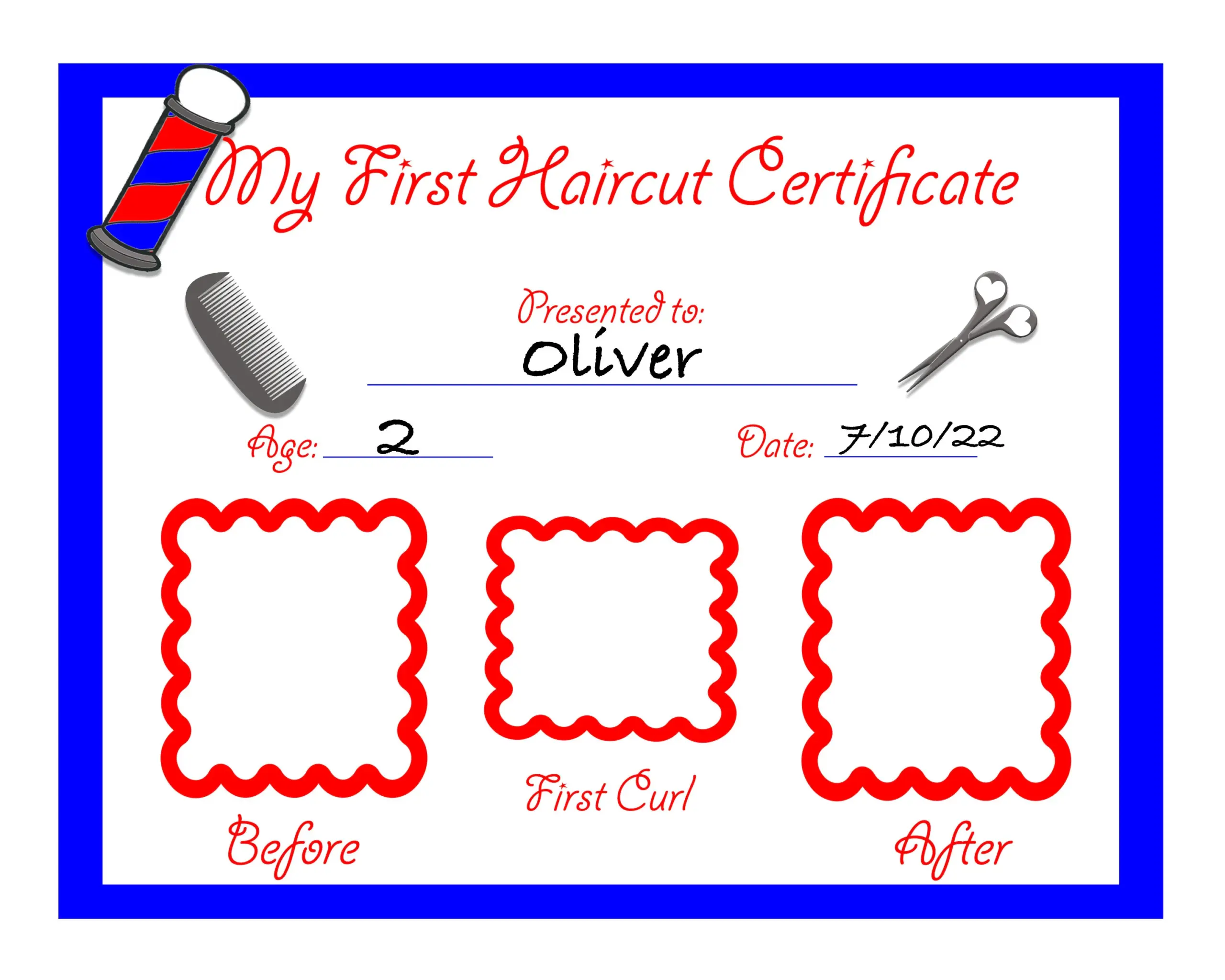 free printable 1st haircut certificate